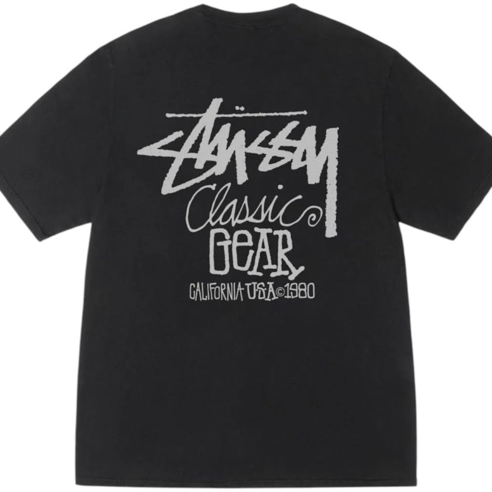STUSSY Classic Gear Pigment Dyed Tee Black & Gray Mens T Shirt Size S